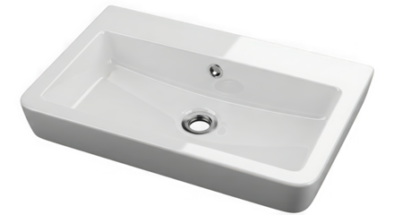 Modern rectangular white ceramic bathroom sink with chrome faucet and drain