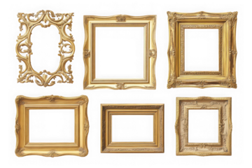 Collection of ornate gold picture frames, vintage photo frame set, antique style, golden decor, art display, isolated on transparent background