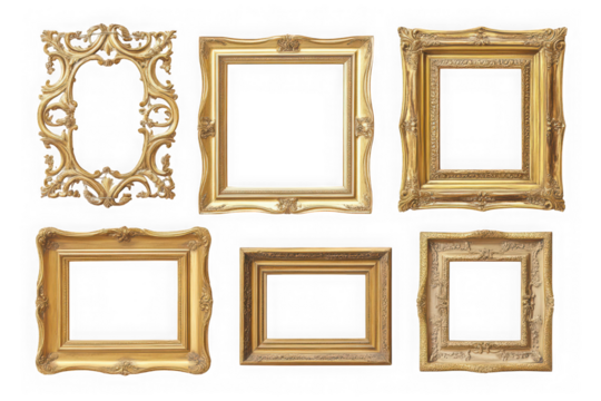 Collection of ornate gold picture frames, vintage photo frame set, antique style, golden decor, art display, isolated on transparent background