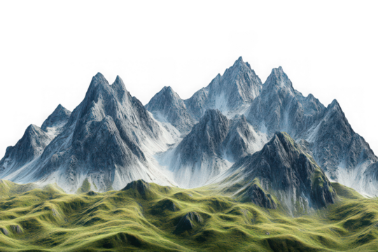 High resolution mountain range landscape png image for graphic design and compositing, alps scenery, peaks, hills, transparent background, isolated on transparent background