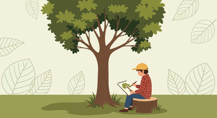 Boy In Nature Draws A Tree On A Drawing Board With A Pen