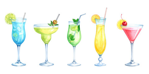 Watercolor Clipart of Colorful Cocktails on Transparent Background. AI generated. Set of Drawn Isolated Elements.