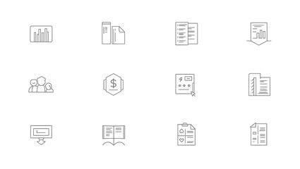 Business and finance line icon set for data analysis, reporting, and corporate management. Vector pictogram collection.
