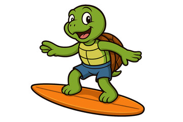 Cute cartoon turtle surfing ocean waves. Happy animal character mascot on orange surfboard. Adorable sea turtle in blue shorts fun summer beach water sport concept isolated vector illustration