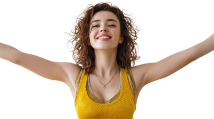 Joyful young woman embracing life with open arms, radiating happiness and positivity.