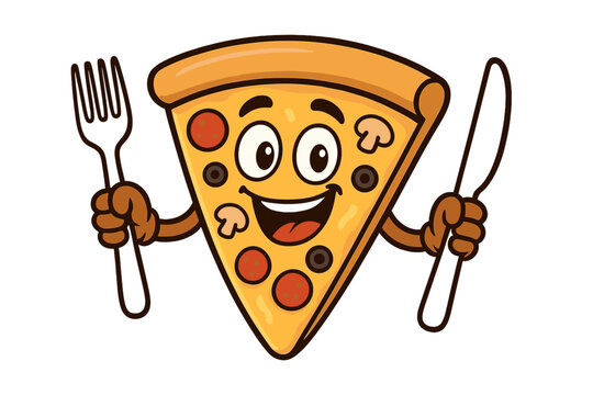 Cartoon pizza slice character holding fork and knife, happy face with toppings, fun food mascot illustration, cheerful restaurant menu design, playful Italian fast food concept vector