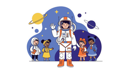 Fototapeta premium Astronaut Welcoming Diverse Students In Space Themed Educational Presentation