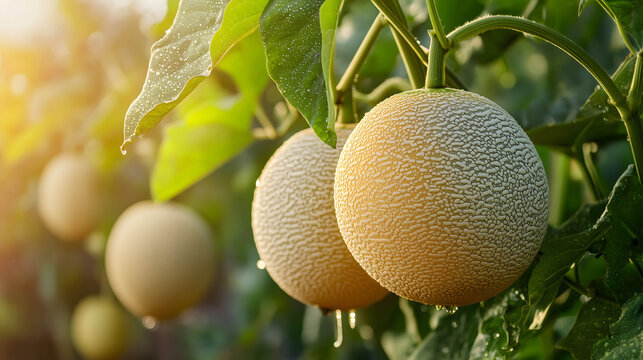 Close-up of cantaloupe fruit on a tree with water drops from the cantaloupe, on a blurred orchard background.