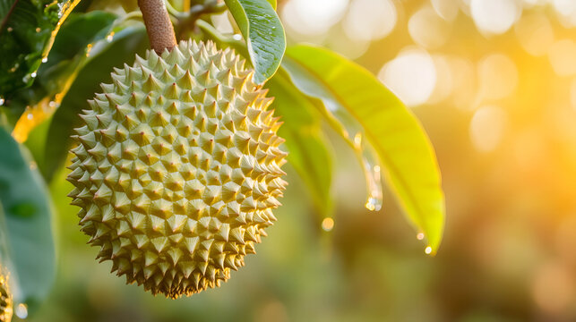 Close-up of a large Monthong durian fruit in Thailand on a tree with water drops from the fruit, on a blurred orchard background.