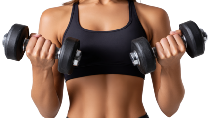 A fit woman holding dumbbells, showcasing strength and determination in fitness training.