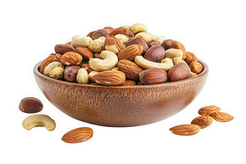 Assorted nuts in wooden bowl, almonds, cashews, hazelnuts, healthy snack, protein source, food photography, still life, isolated on transparent background