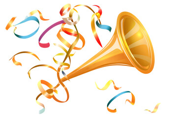 Festive trumpet with ribbons, isolated on transparent background