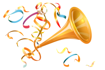 Festive trumpet with ribbons, isolated on transparent background