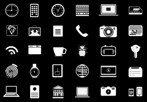 White icons on black background, depicting everyday objects and technology
