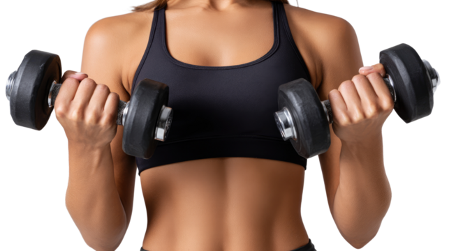 A fit woman holding dumbbells, showcasing strength and determination in fitness training.