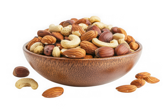 Assorted nuts in wooden bowl, almonds, cashews, hazelnuts, healthy snack, protein source, food photography, still life, isolated on transparent background