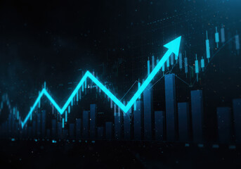 Blue financial graph with upward trending arrow and bar chart, symbolizing business growth, investment, and stock market performance