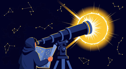 Naklejka premium Astronomer Observes Distant Planets Through Telescope Against Celestial Background