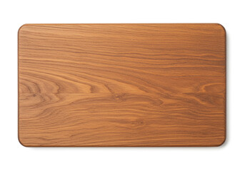 A top down view of a wooden cutting board with rounded edges on a white background