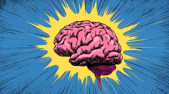 Artistic illustration of a brain with a bursting-light background