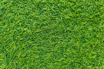 A close-up view of vibrant green artificial grass blades, creating a lush, textured surface.