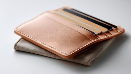 Small orange leather wallet with two cards inside, showcasing a minimalist design and natural texture on a clean, light surface