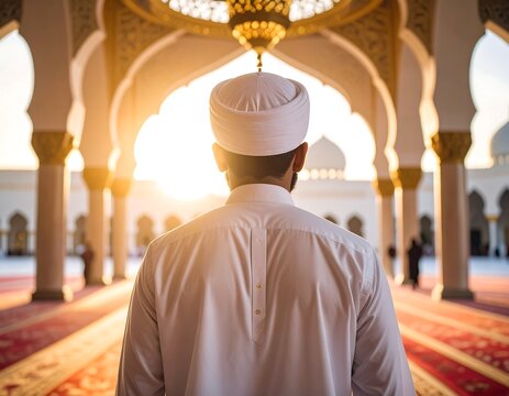Man in white thawb stands in sunlit mosque, back to camera
