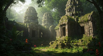 Ancient overgrown stone temple ruins hidden deep within a lush, dense jungle with sunlight filtering through the trees © RabeyaGraphix