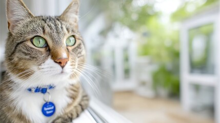Contemplative Cat by the Window: A domestic cat, adorned with a blue collar, gazes serenely through a window, its green eyes reflecting the tranquil outdoors.