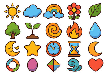 Vibrant collection of cartoon vector icons representing nature elements, weather, time symbols, abstract shapes, plants, moon, sun, and heart, perfect for apps, web design, and educational materials