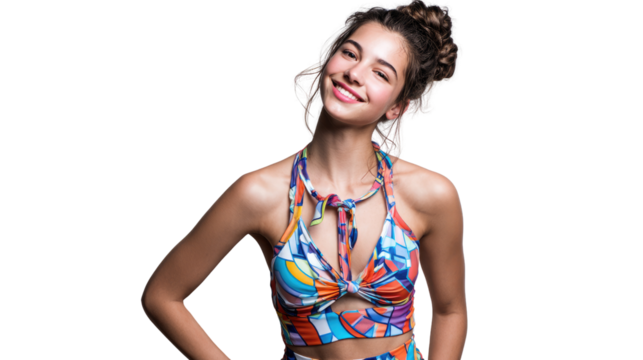 Cheerful woman in colorful swimwear smiling against a white background.