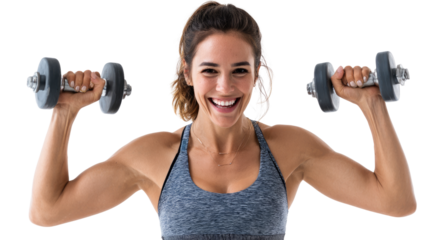 A joyful woman lifting dumbbells, showcasing strength and fitness at the gym.