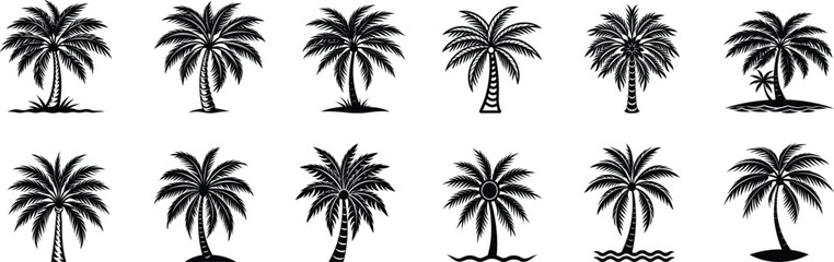 Summer beach vacation landscape with tropical palm trees silhouettes and the sun setting over the sea