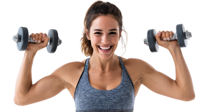 A joyful woman lifting dumbbells, showcasing strength and fitness at the gym.