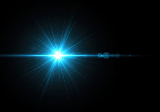 Abstract blue starburst lens flare with bright light and rays on a dark background