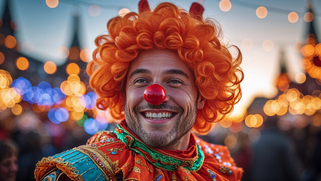 A cheerful clown in vibrant attire, ready to bring joy and laughter to the crowd.