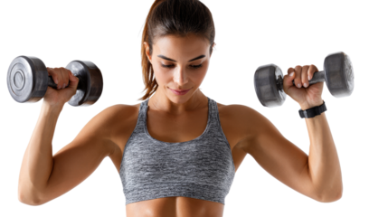 A determined woman lifting weights in a modern gym, showcasing strength and focus.