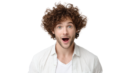 Surprised young man with curly hair expressing excitement and joy.