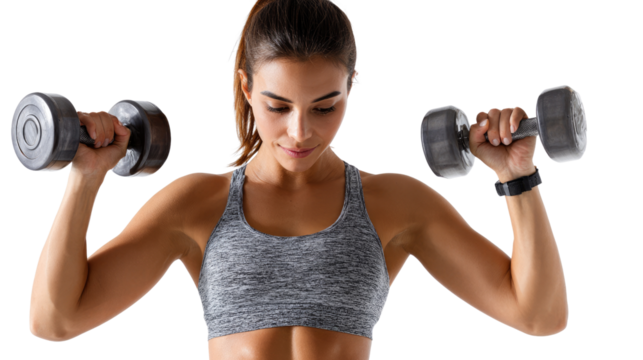 A determined woman lifting weights in a modern gym, showcasing strength and focus.