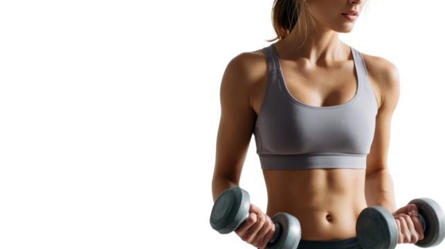 Active woman lifting dumbbells in a fitness workout session.
