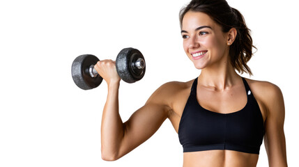Young woman lifting dumbbell, showcasing strength and fitness in workout attire.