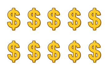 Gold dollar signs vector illustration, twelve currency symbols in two rows, financial success, prosperity, money metaphor, economy, investment, wealth concept, isolated cartoon icon