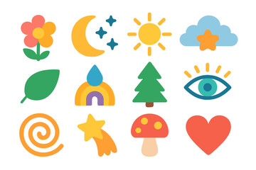 Colorful abstract vector icons featuring nature elements, celestial themes, whimsical shapes, and modern design aesthetic, vibrant cartoon illustrations perfect for creative projects