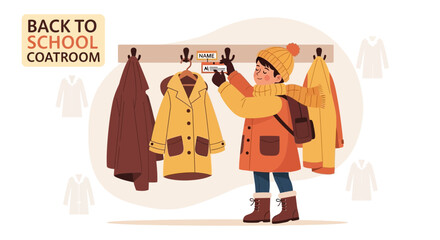 Boy Places His Name Tag On Hanger At The School Coatroom