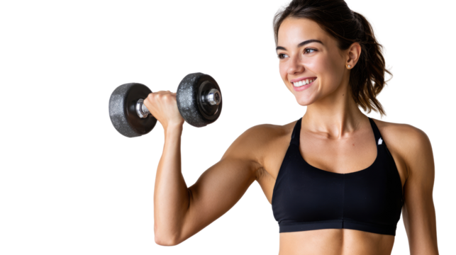 Young woman lifting dumbbell, showcasing strength and fitness in workout attire.