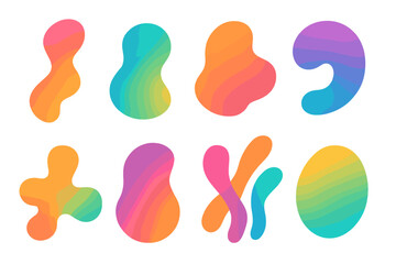 Vibrant abstract liquid shapes with smooth gradients and flowing curves, colorful organic blobs and modern amoeba elements, dynamic fluid forms for creative design, web, branding, vector illustration