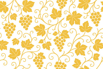 Seamless gold grape vine branch pattern. Luxury vineyard foliage background. Elegant winery leaves, grape clusters motif. Ornamental golden botanical wallpaper. Classic wine plant vector texture.