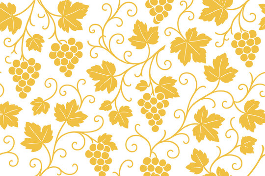 Seamless gold grape vine branch pattern. Luxury vineyard foliage background. Elegant winery leaves, grape clusters motif. Ornamental golden botanical wallpaper. Classic wine plant vector texture.