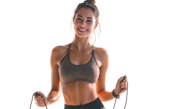 Energetic woman smiling while exercising with a jump rope against a clear background.