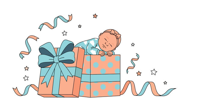 Baby Sleeping Peacefully Inside A Cute Birthday Gift Box With Ribbons - Powered by Adobe